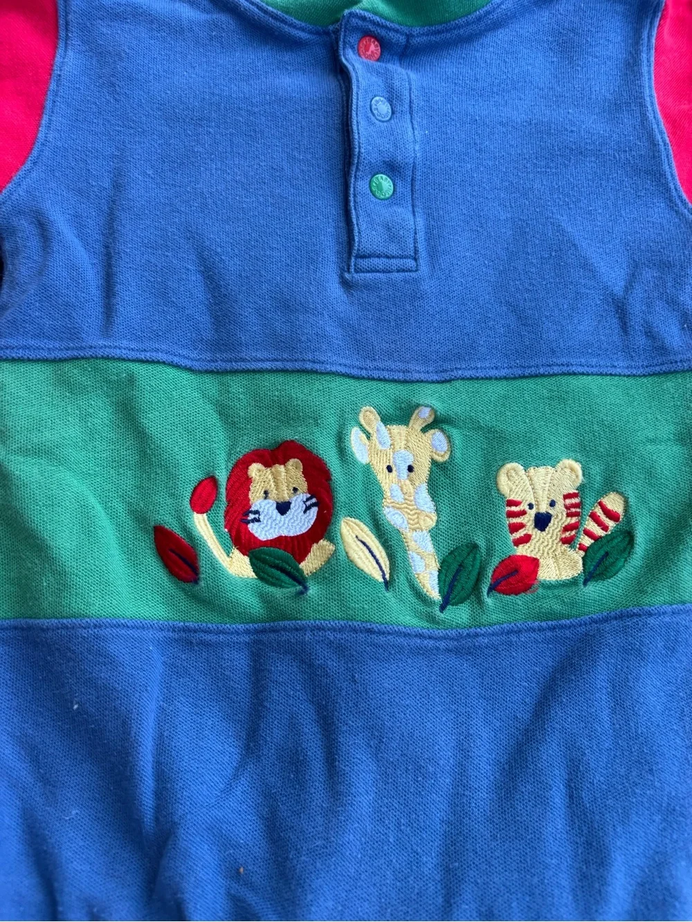 VINTAGE BABY B GOSH BLUE RED GREEN ANIMAL THEME ONE PIECE OUTFIT SIZE 18 MONTHS
